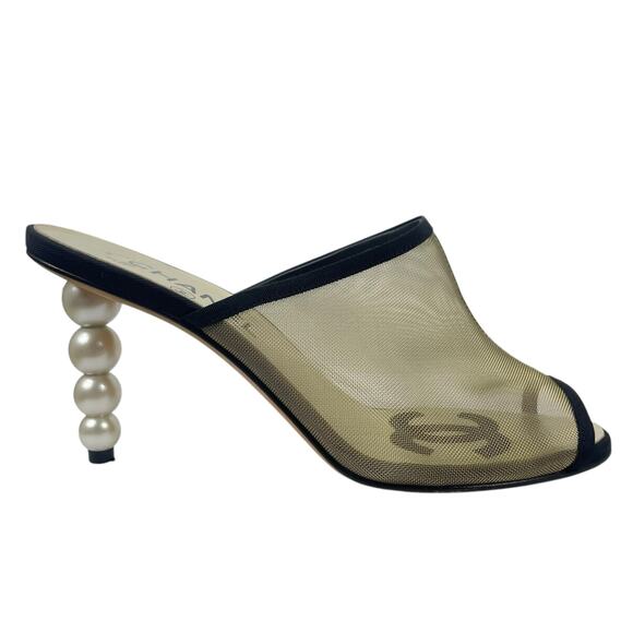 Chanel Mesh Goatskin Pearl Heel Mules Slip On Black Tan Size 37.5C - Picture 3 of 14
